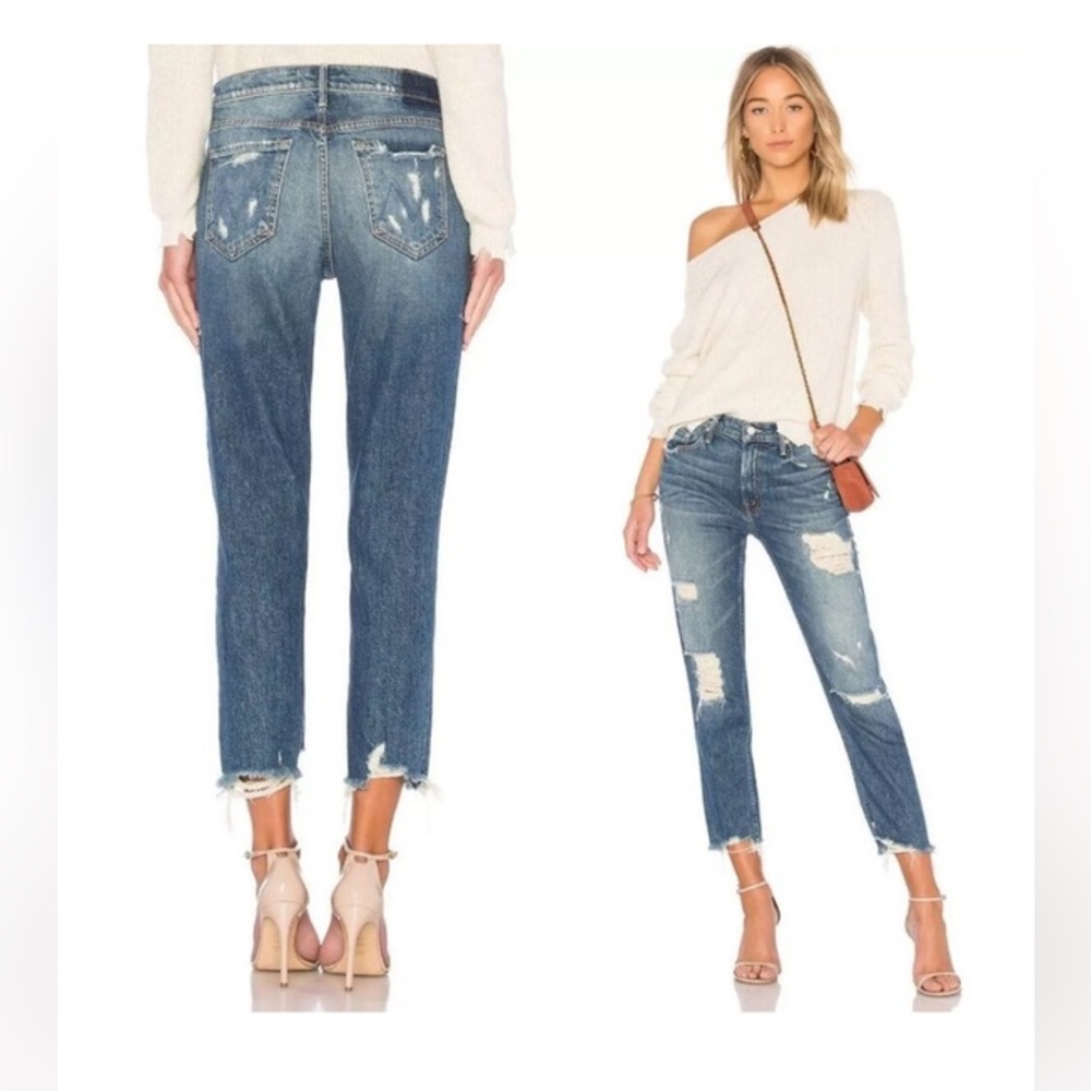 MOTHER The Sinner Distressed Straight Leg Jeans Raw Hem High Rise Blue- Size 25
